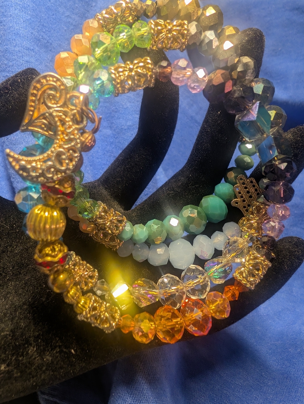 Multicolor Crystal Beaded Stretch Bracelet Set with Gold Accents